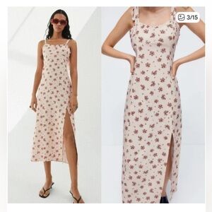 Zara Cream and Red Floral Midi Dress